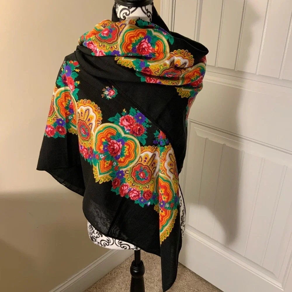 Black Floral Patterned Women's Scarf - Vibrant Multicolor Design